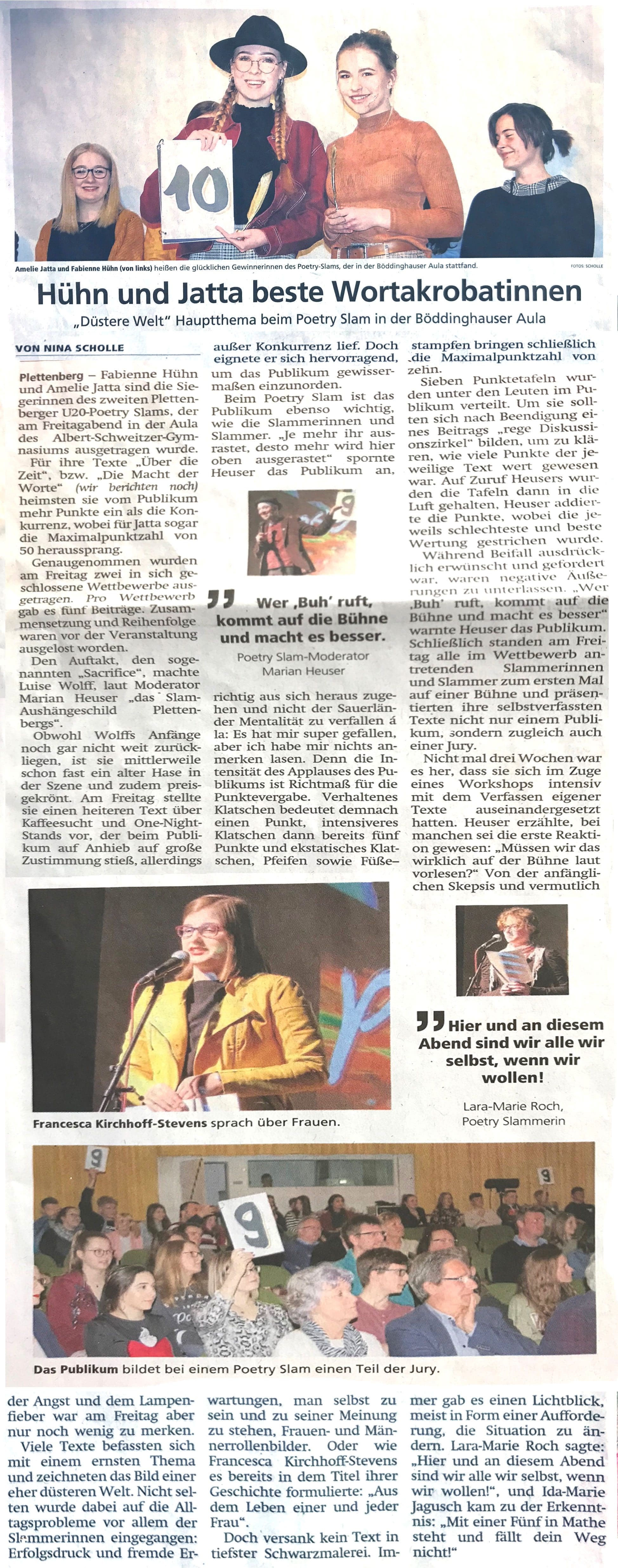 Fabienne Hühn und Amelie Jatta gewinnen den „Zweiten Plettenberger U20 Poetry Slam“